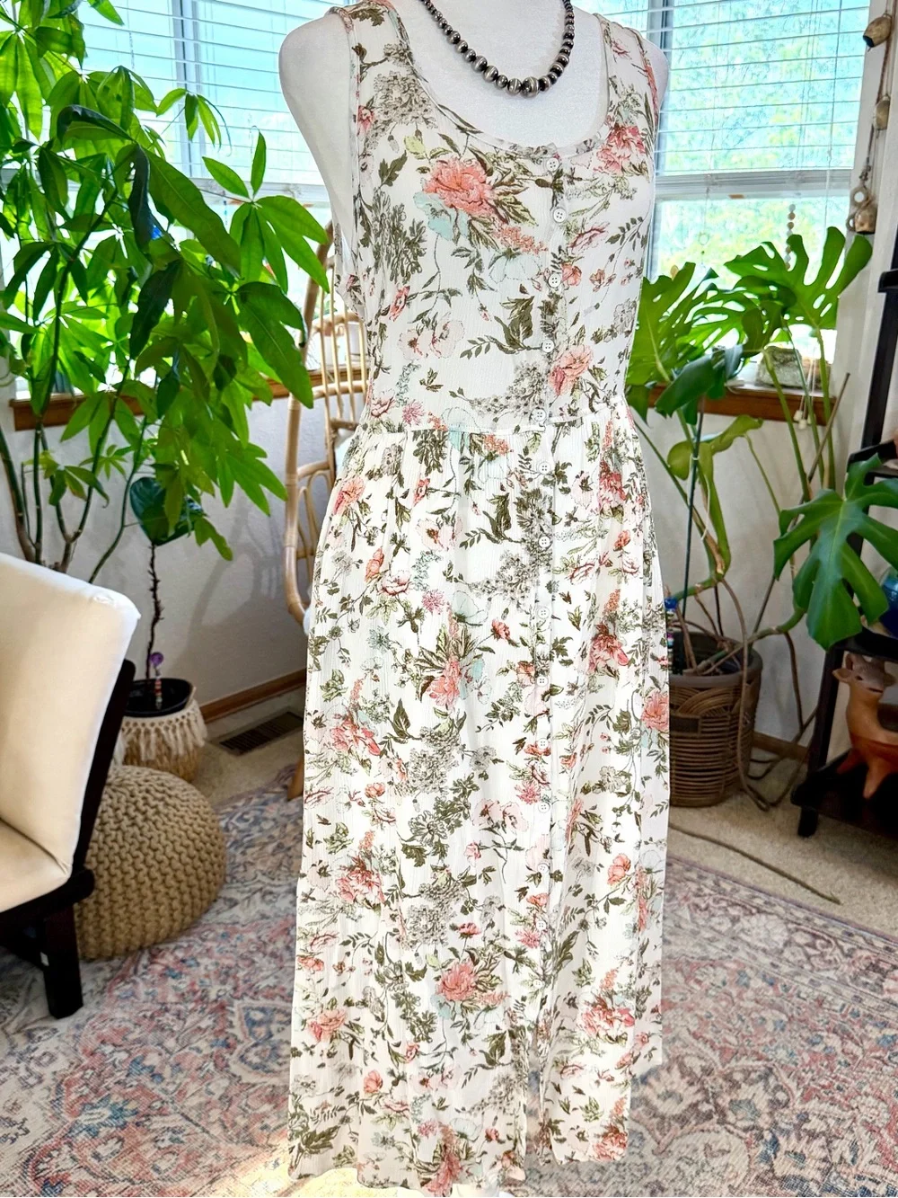 FRYE Dress White Pink Green Floral Sundress Button Front Midi Spring Summer M - Picture 5 of 8